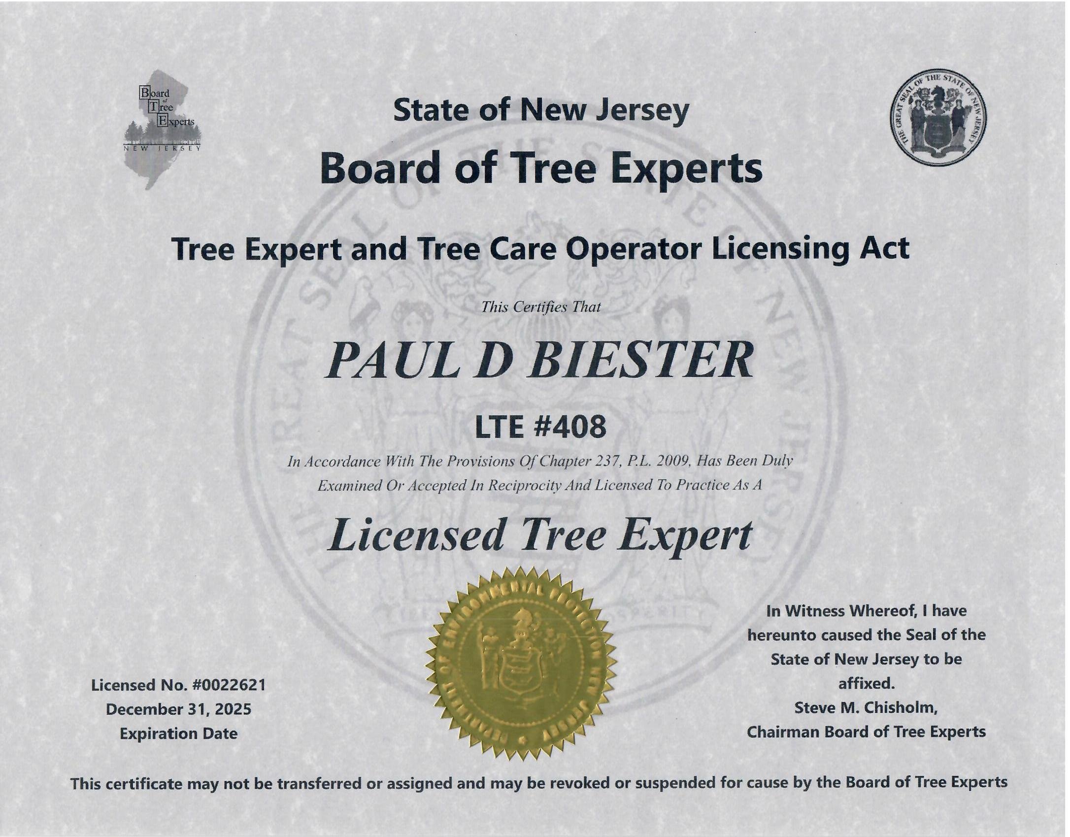NJ Licensed Tree Expert #408